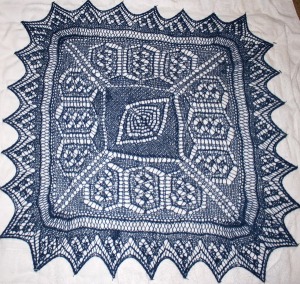 Experienced Sampler - complex lace knit center, Lace knit border and complex lace edging.