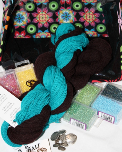 My next knitting project, beads, yarn and buttons1  And a new project bag.  Something with a real Western Flare!