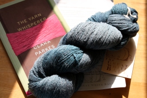 Lot 3 - merino mixed with silk and hand-dyed with a dye especially blended for us.  An advance sampler copy of the Yarn Whisperer was included!